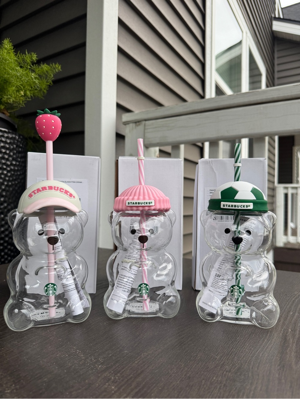 3 Starbucks Pink & Green Glass Bears Cups with Straws - Set of 3